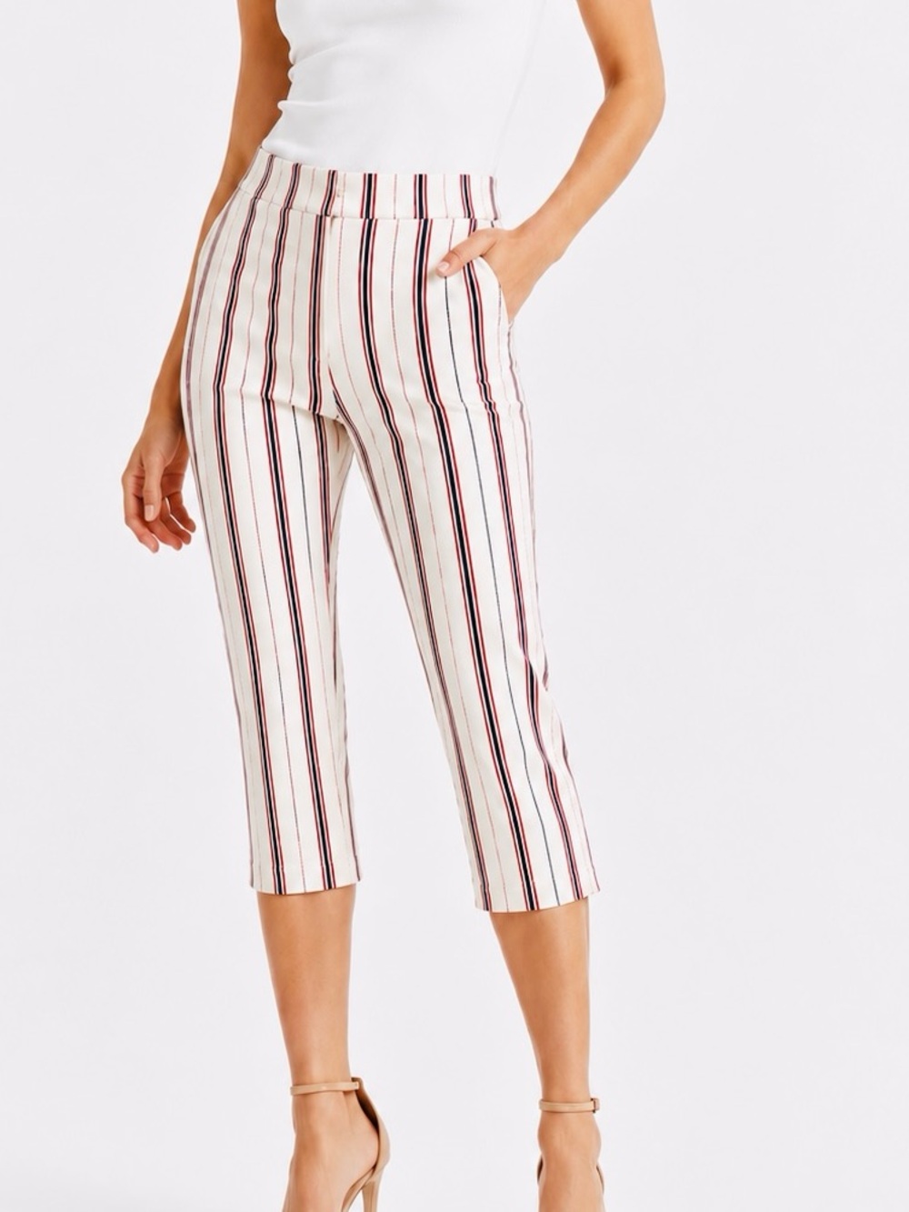 M&S COLLECTION Stretchy White Red Blue Striped Cropped Ponte Pants